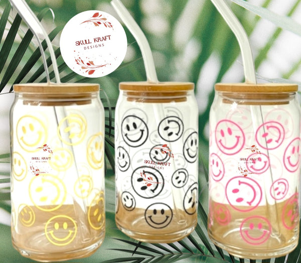 Personalized Smiley Face Glass Cup w/ Bamboo Lid & Straw - 16Oz Minimalist Design